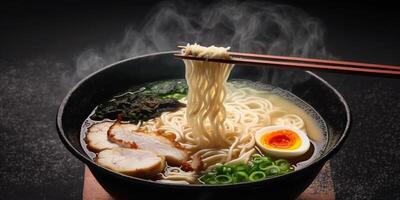 le noir bol de ramen sur le table avec ai généré. photo