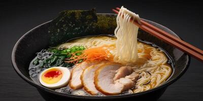 le noir bol de ramen sur le table avec ai généré. photo