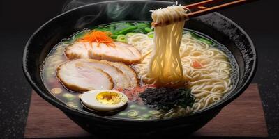 le noir bol de ramen sur le table avec ai généré. photo