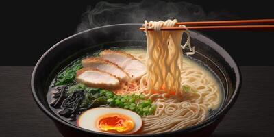 le noir bol de ramen sur le table avec ai généré. photo