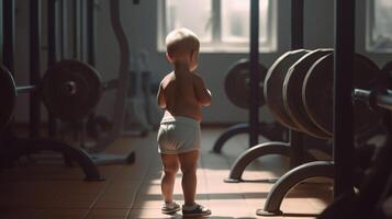 ai génératif peu garçon Faire des exercices dans le salle de sport, aptitude et la musculation concept photo