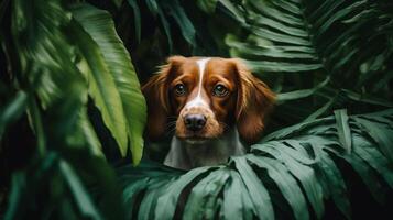 ai généré portrait de mignonne rouge chien parmi tropical vert les plantes génératif ai photo