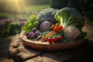 en bonne santé de varie brut biologique des légumes dans panier boîte sur en bois tableau, Frais Ingrédients pour cuisinier et repas, haute vitamine et minéraux, vert hydroponique végétaux, avec génératif ai. photo