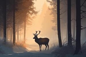 photoréaliste illustration de cerf dans forêt à aube. Noël vacances. ai généré photo