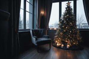 Noël arbre avec chaises dans intérieur. Noël veille. ai généré photo