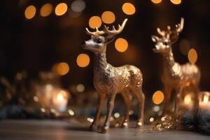 jouet renne parmi Noël décorations avec d'or lumières et chandeliers. Noël vacances. ai généré photo