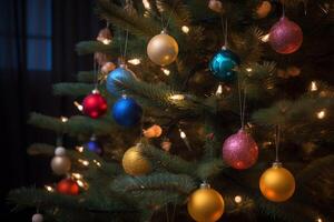 Noël arbre avec coloré décorations. Noël veille. ai généré photo