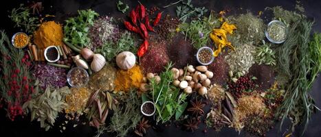 herbes et épices pour cuisine avec esthétique arrangement, Haut voir. photo