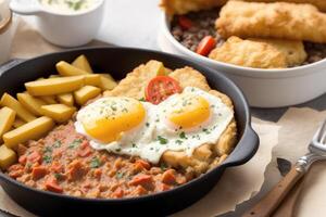 Britanique cuisine. bouillie avec Lentilles, cuit patates et acide crème.poisson et puces. génératif ai photo