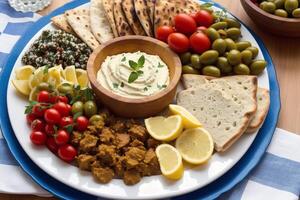 grec cuisine. traditionnel grec apéritif avec Hoummous, Olives, tomates et olive huile. génératif ai photo