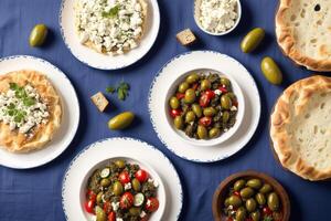 grec cuisine. traditionnel grec apéritif avec Hoummous, Olives, tomates et olive huile. génératif ai photo