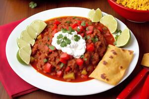 mexicain cuisine. traditionnel mexicain tacos avec bœuf, tomate, oignon et salsa. mexicain Nachos génératif ai photo