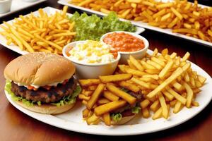 américain cuisine. fromage hamburger, américain cheeseburger avec d'or français frites sur en bois Contexte. génératif ai photo