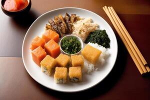 Japonais cuisine. Sushi et Rouleaux sur le table dans le restaurant. génératif ai photo