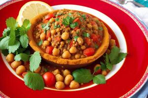 marocain cuisine. pois chiches cuit avec haché Viande et des légumes dans boules. génératif ai photo