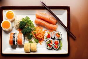 Japonais cuisine. Sushi et Rouleaux sur le table dans le restaurant. génératif ai photo