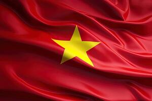 Jaune étoile et rouge arrière-plan, agitant le nationale drapeau de vietnam, agité une très détaillé fermer. ai généré photo