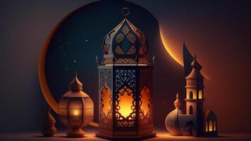 Ramadan Contexte avec une lanterne lumière dans le foncé avec une bleu Contexte établi par ai généré photo