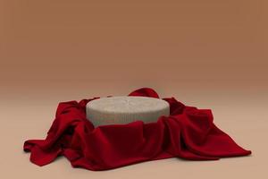 3d réaliste rond podium couvert avec rouge soie tissu isolé sur beige Contexte. vide piédestal, rester. satin en tissu avec draperie. photo