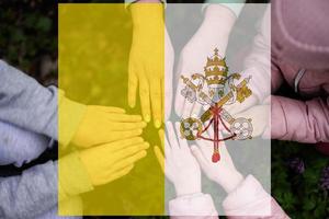 mains de des gamins sur Contexte de Vatican ville drapeau. vatican patriotisme et unité concept. photo
