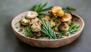 exceptionnel bol de bébé Bella champignons et bouquet de Frais Romarin sur rustique en bois Contexte. génératif ai photo