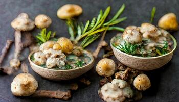 exceptionnel bol de bébé Bella champignons et bouquet de Frais Romarin sur rustique en bois Contexte. génératif ai photo