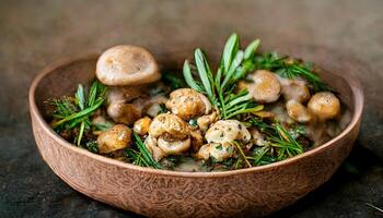 bol de bébé Bella champignons et bouquet de Frais Romarin sur rustique en bois Contexte. génératif ai photo