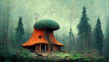 champignon maison dans forêt. génératif ai photo