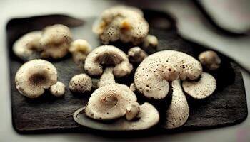 variété de non cuit sauvage forêt champignons dans une osier panier sur une noir Contexte. génératif ai photo