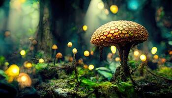 champignon fond d'écran ,fantaisie fond d'écran, 4k, champignon lumière, fantaisie champignon, jungle. génératif ai photo