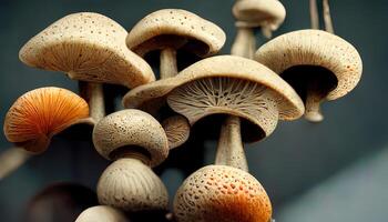 haute angle vue de champignons dans paniers pour vente à marché. génératif ai photo