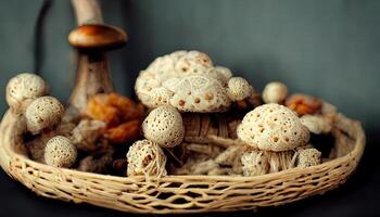 champignons dans une osier panier sur une noir Contexte. génératif ai photo