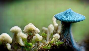 bleu chapeau de huître champignons croissance sur vert mousse proche en haut. génératif ai photo