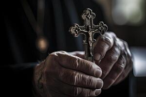 église prêtre détient religieux traverser dans mains. génératif ai photo