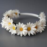 une fermer de une blanc Marguerite tête bande ai génératif photo