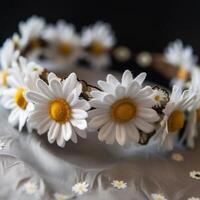 une fermer de une blanc Marguerite tête bande ai génératif photo