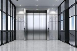 intérieur vue de une moderne ascenseur. Bureau ou moderne Hôtel couloir, vide hall intérieur. génératif ai photo