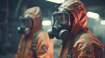 ouvriers portant protection costume et gaz masque, généré ai image photo