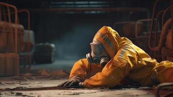 produits chimiques ouvrier dans Hazmat costume et gaz masque mensonge bas, sécurité travail , généré ai image photo