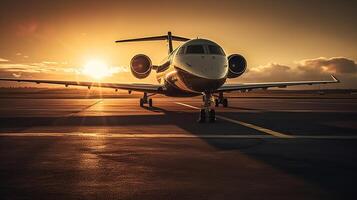 privé jet prendre de lorsque coucher de soleil, généré ai image photo