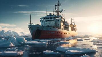 brise-glace navire dans le arcique à nuit , généré ai image photo