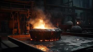 liquide le fer fondu métal verser dans récipient, industriel métallurgique usine, ai généré image photo