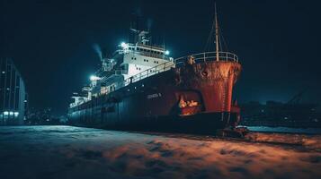 brise-glace navire dans le arcique à nuit , généré ai image photo