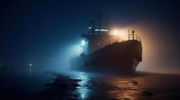 croisière navire la glace briseur est montré à nuit, trancher par le brumeux des eaux, généré ai image photo