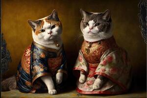 deux chats habillé comme ancien chinois illustration ai généré photo