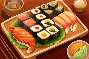 en bois dessin animé Sushi plaque, ai généré photo