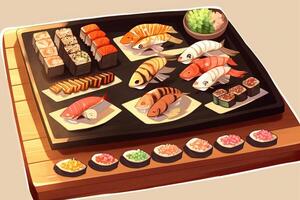 dessin animé Sushi assiette sur une en bois Coupe conseil, ai généré photo