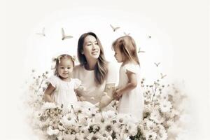 magnifique mère avec sa deux filles sur une blanc Contexte avec fleurs génératif ai photo