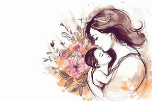 content mère journée. magnifique mère avec sa fille sur une floral Contexte. illustration. génératif ai photo