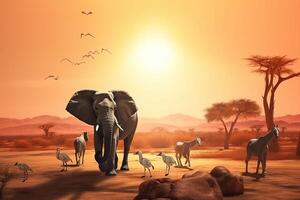 une troupeau de éléphants des promenades dans le journée de Afrique le toile de fond de le en hausse Soleil. ai généré. photo